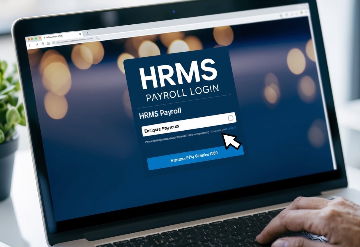 A computer screen with a web portal open, displaying the HRMS Payroll Login page. The cursor hovers over the "Employee Pay Slip download 2024" option