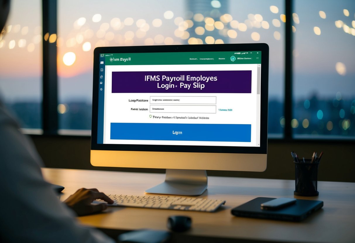 A computer screen displaying the IFMS Payroll Login web portal with the option to download Gujarat Employee Pay Slip 2024