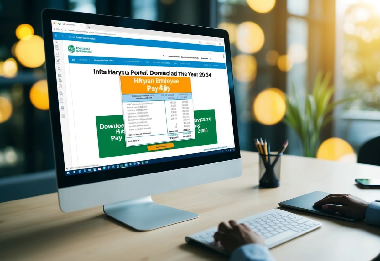 A computer screen displaying the Intra Haryana Portal with the option to download the Haryana Employee Pay Slip for the year 2024