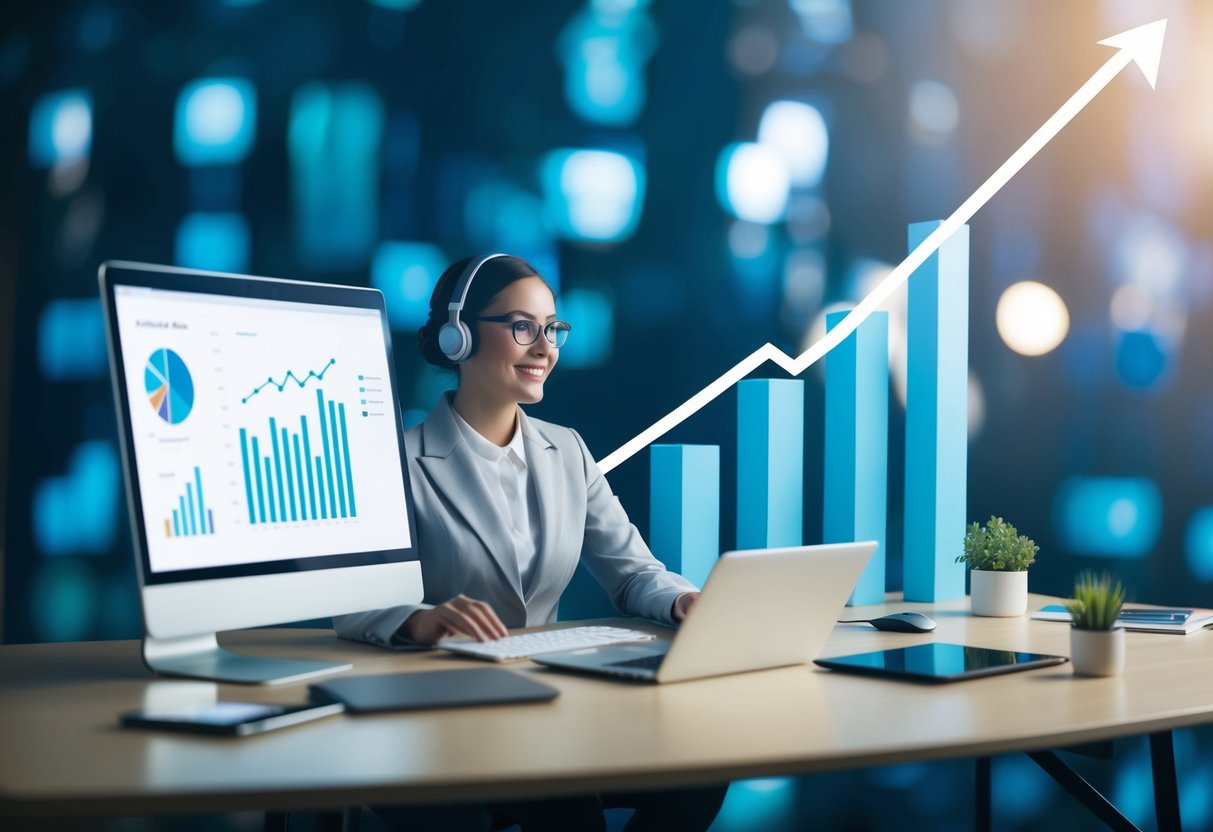 A virtual assistant at a computer, surrounded by charts and graphs, with a growth trajectory leading upwards