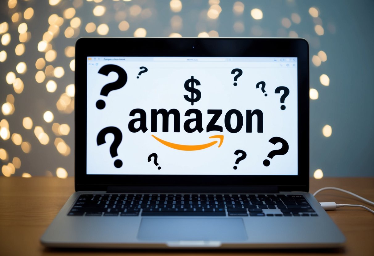 A laptop displaying Amazon's logo with a dollar sign on the screen, surrounded by question marks