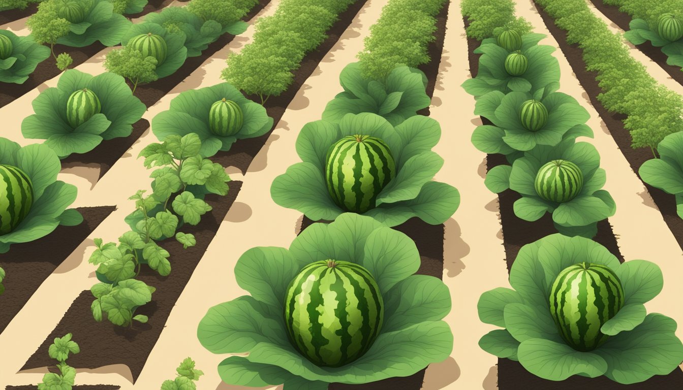 A lush garden with rows of different watermelon varieties planted in rich, dark soil under the warm sun