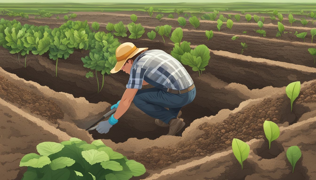 A person digs a large hole in the soil, preparing the planting site for watermelon. They carefully clear away any debris and make sure the ground is level