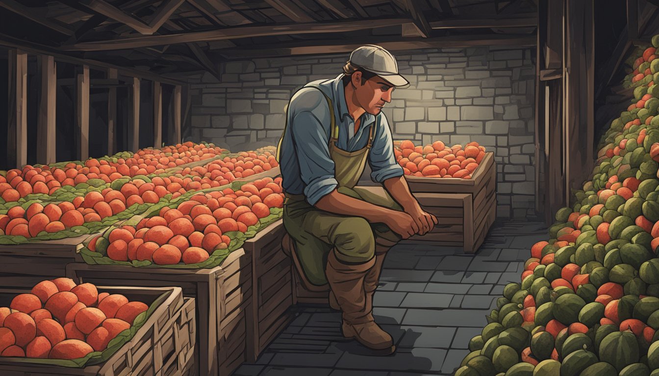 A farmer storing harvested watermelons in a cool, dark cellar