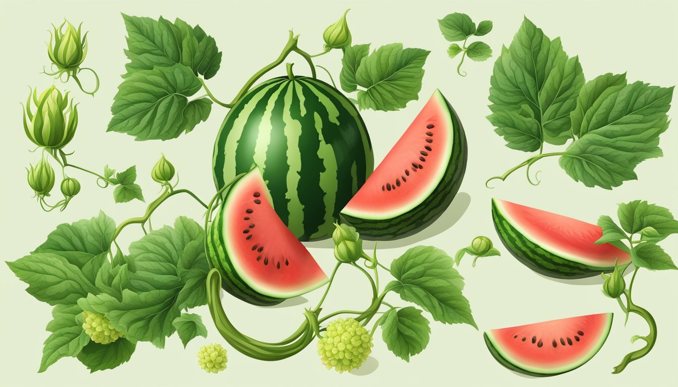 A watermelon vine grows from a flowering bud to a ripe fruit, with green leaves and tendrils twisting around the developing melon