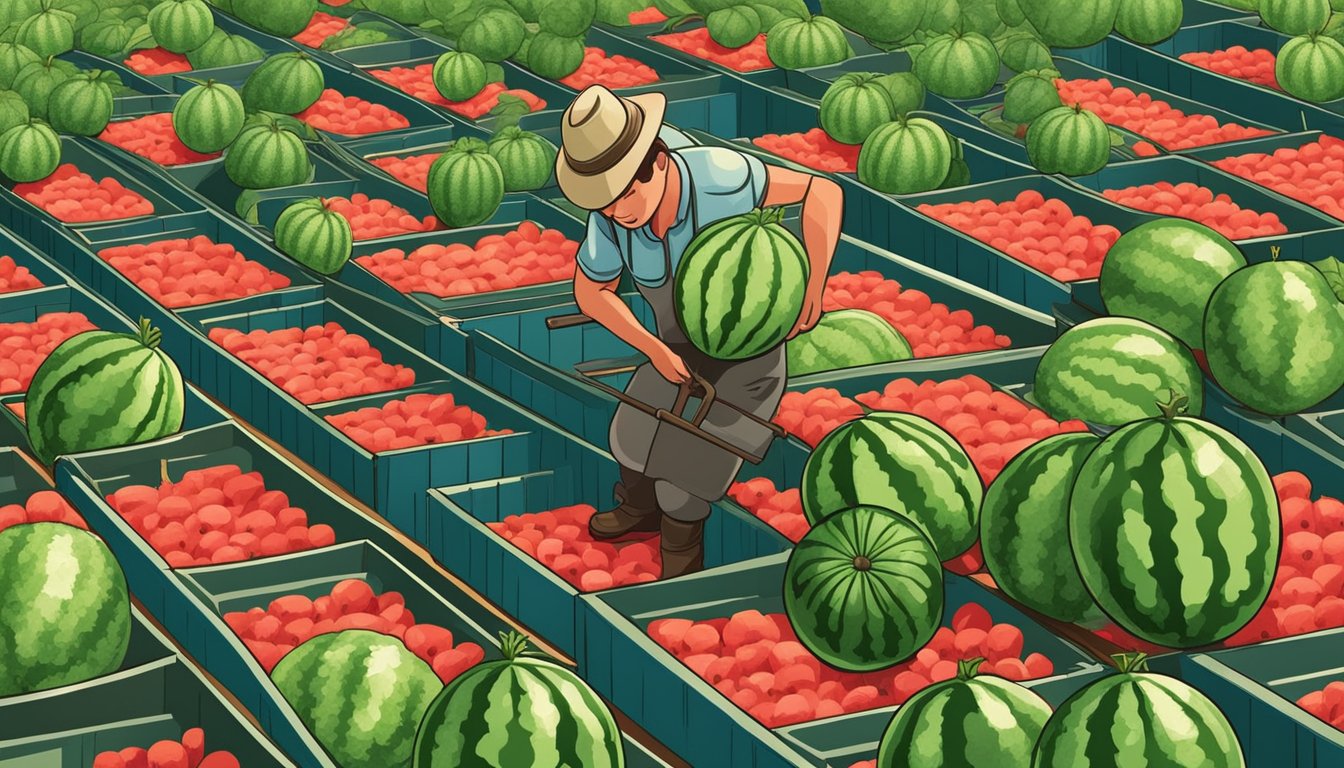 A farmer harvesting ripe watermelons from the vine and placing them in a storage crate