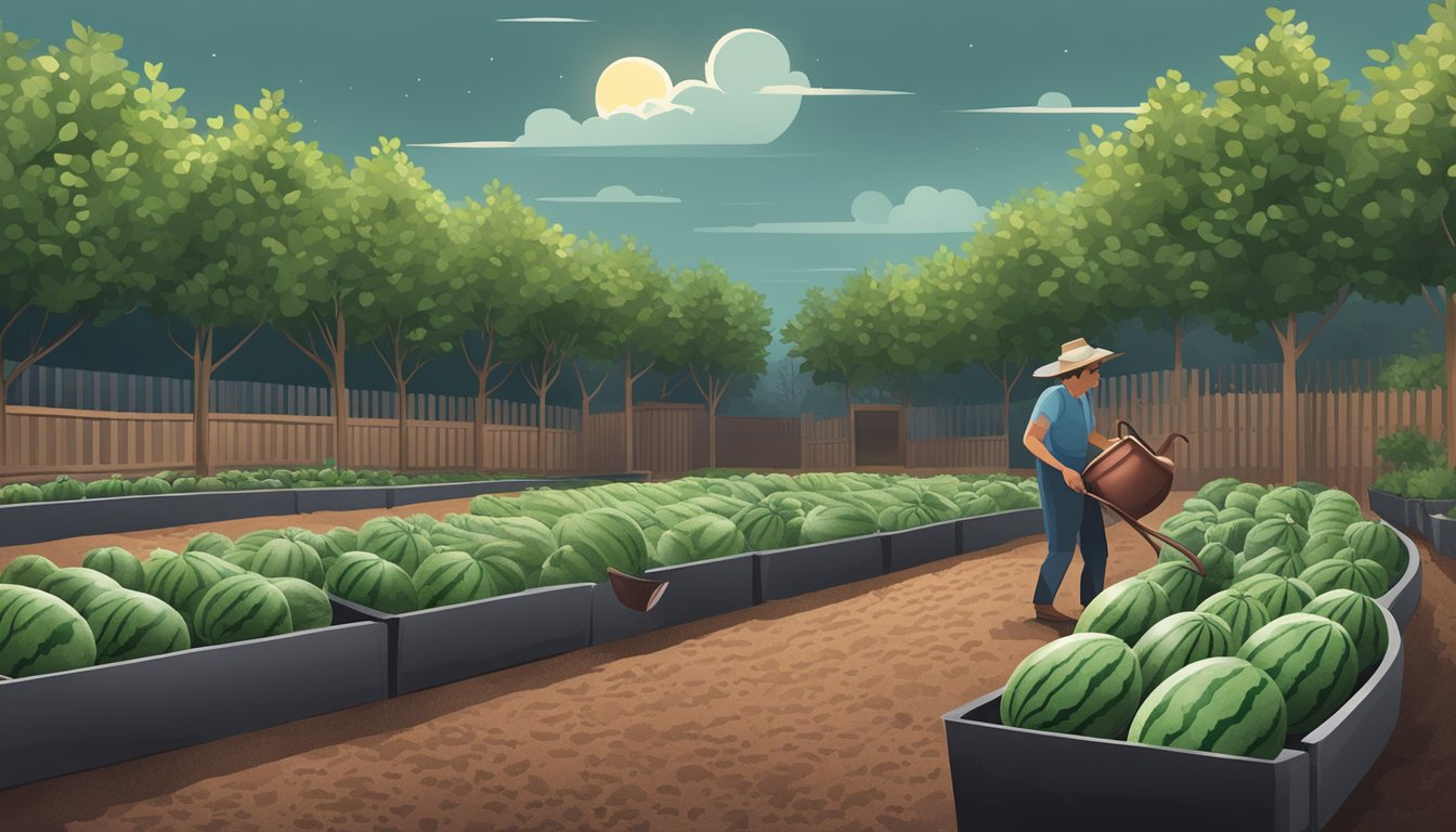 A hand planting watermelon seeds in a garden bed, with a watering can nearby and ripe watermelons being stored in a cool, dark place