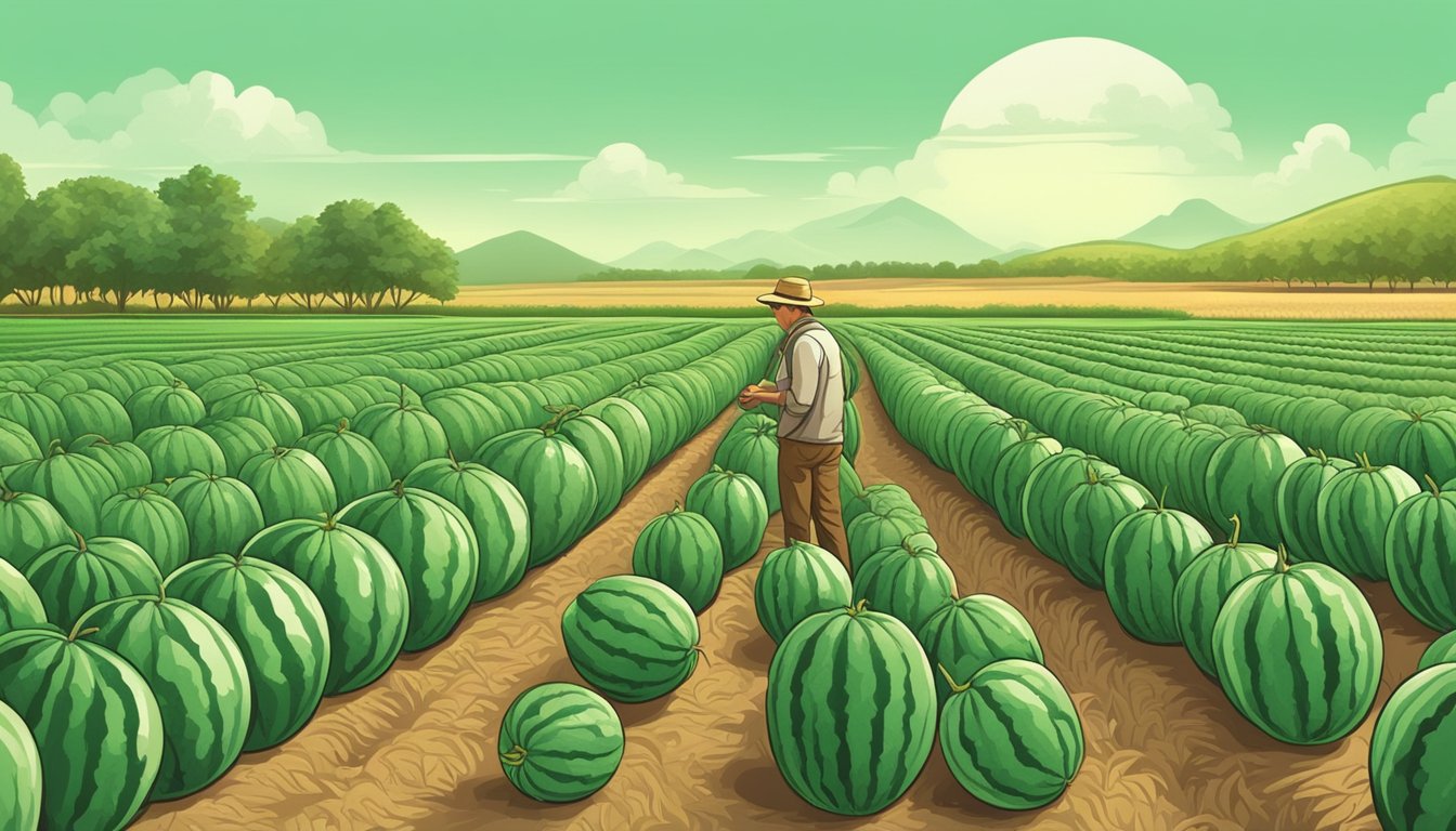 A farmer inspecting seedless watermelons in a lush field, surrounded by vines and ripe fruits