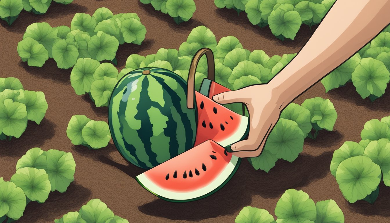 A hand holding a watermelon seed above a freshly tilled garden bed, with a watering can nearby