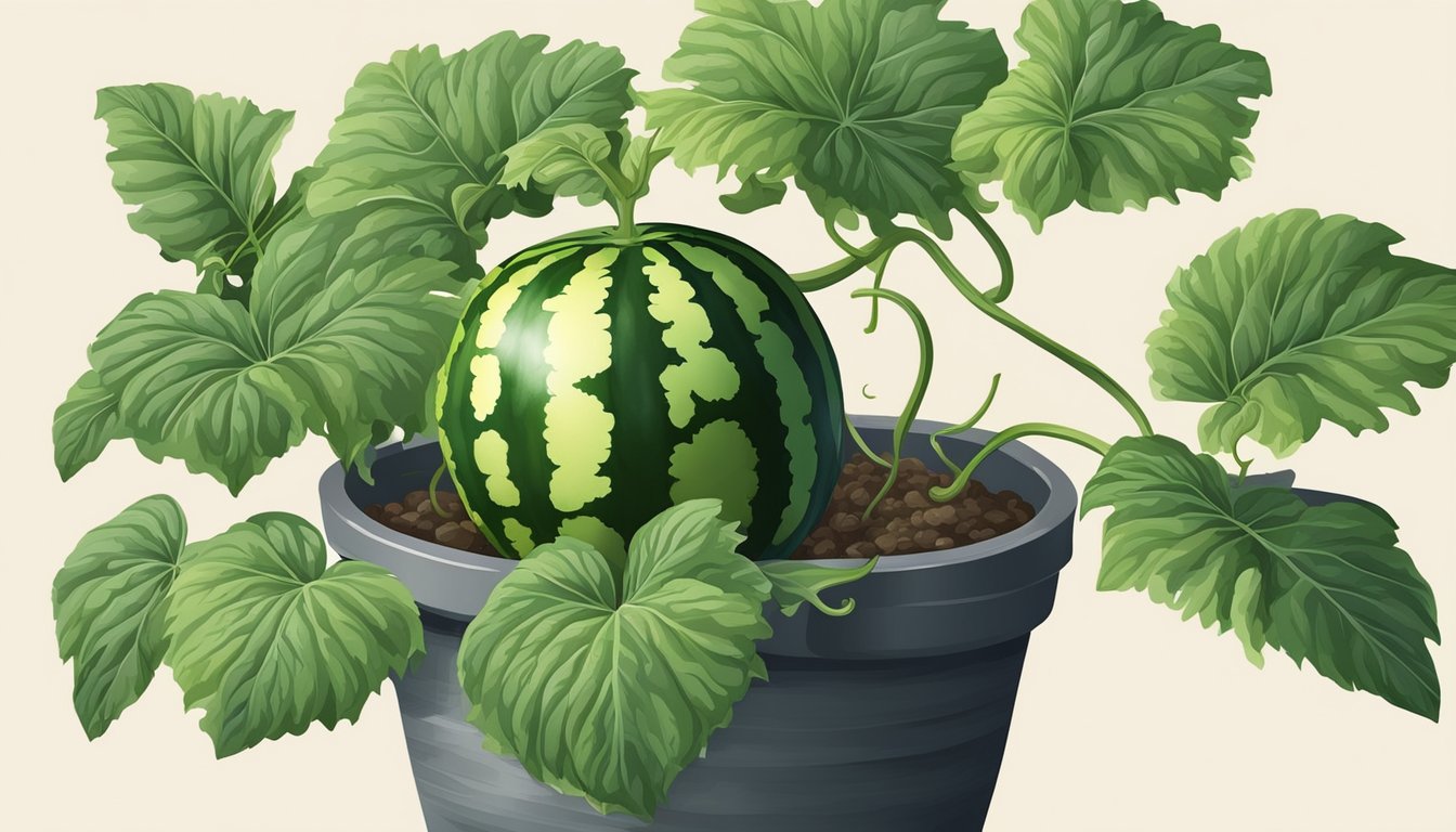 A watermelon plant growing in a large pot, with vibrant green leaves and tendrils, and a young watermelon fruit forming on the vine