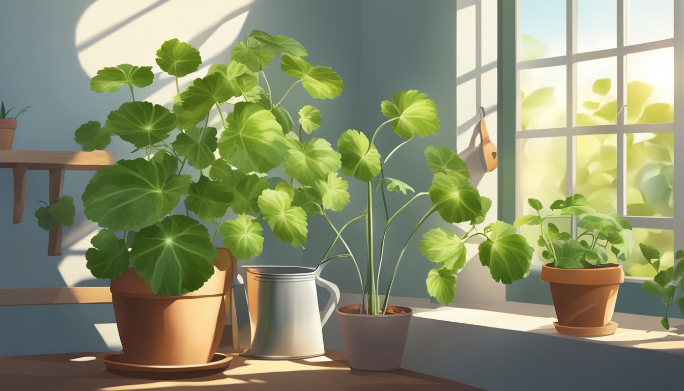 A small watermelon plant in a large pot, supported by a trellis. A watering can and gardening tools nearby. Sunlight streaming in through a window