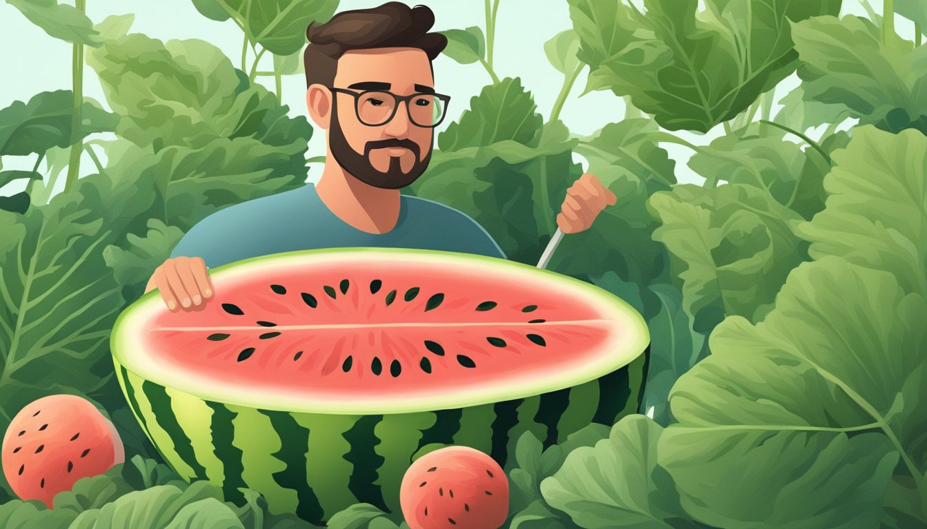 A large, ripe watermelon growing in a pot, surrounded by lush green leaves and vines. A person is seen cutting the watermelon and enjoying a slice