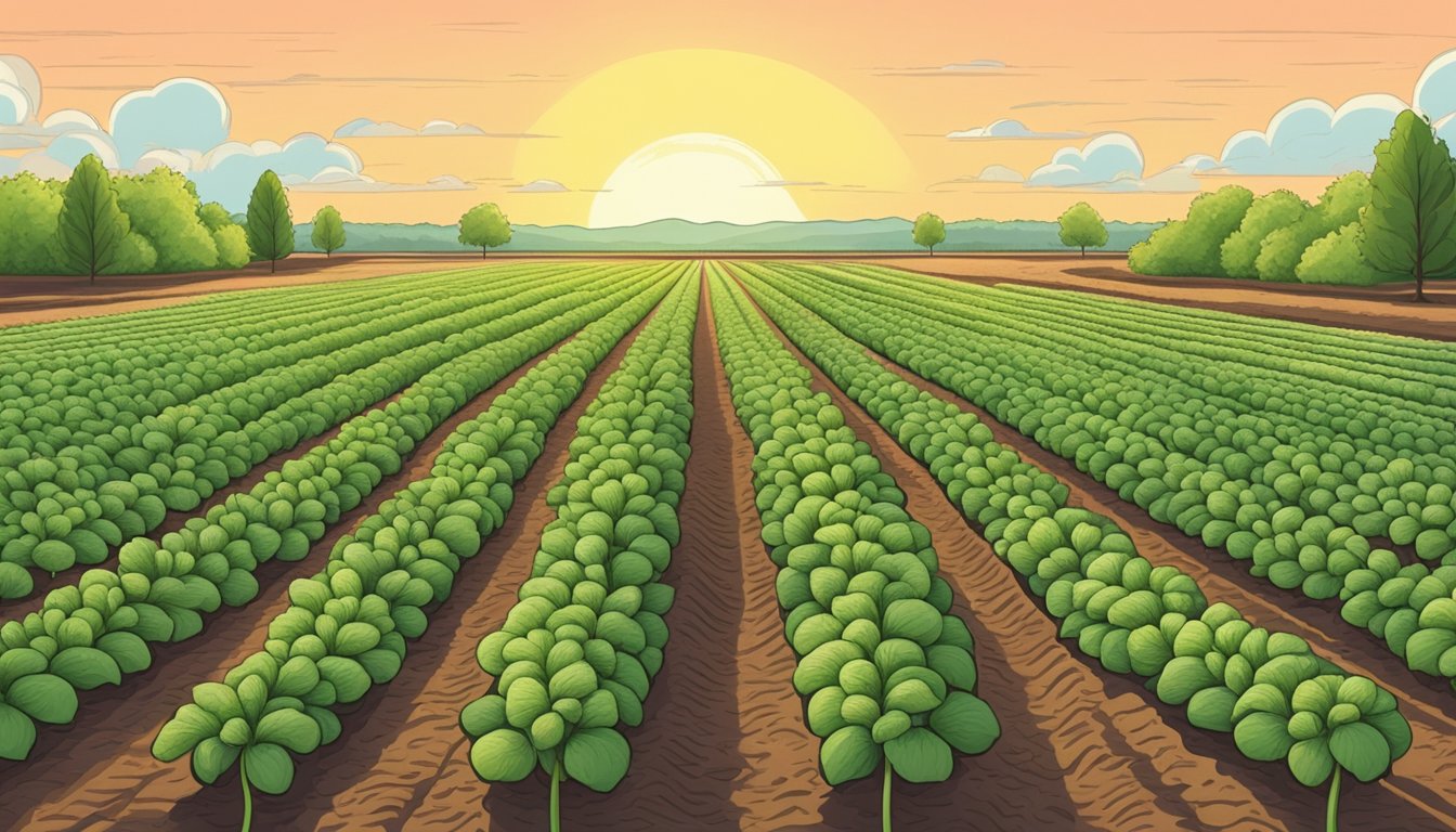 A farmer planting watermelon seeds in a lush garden, with rows of young watermelon plants stretching out towards the horizon