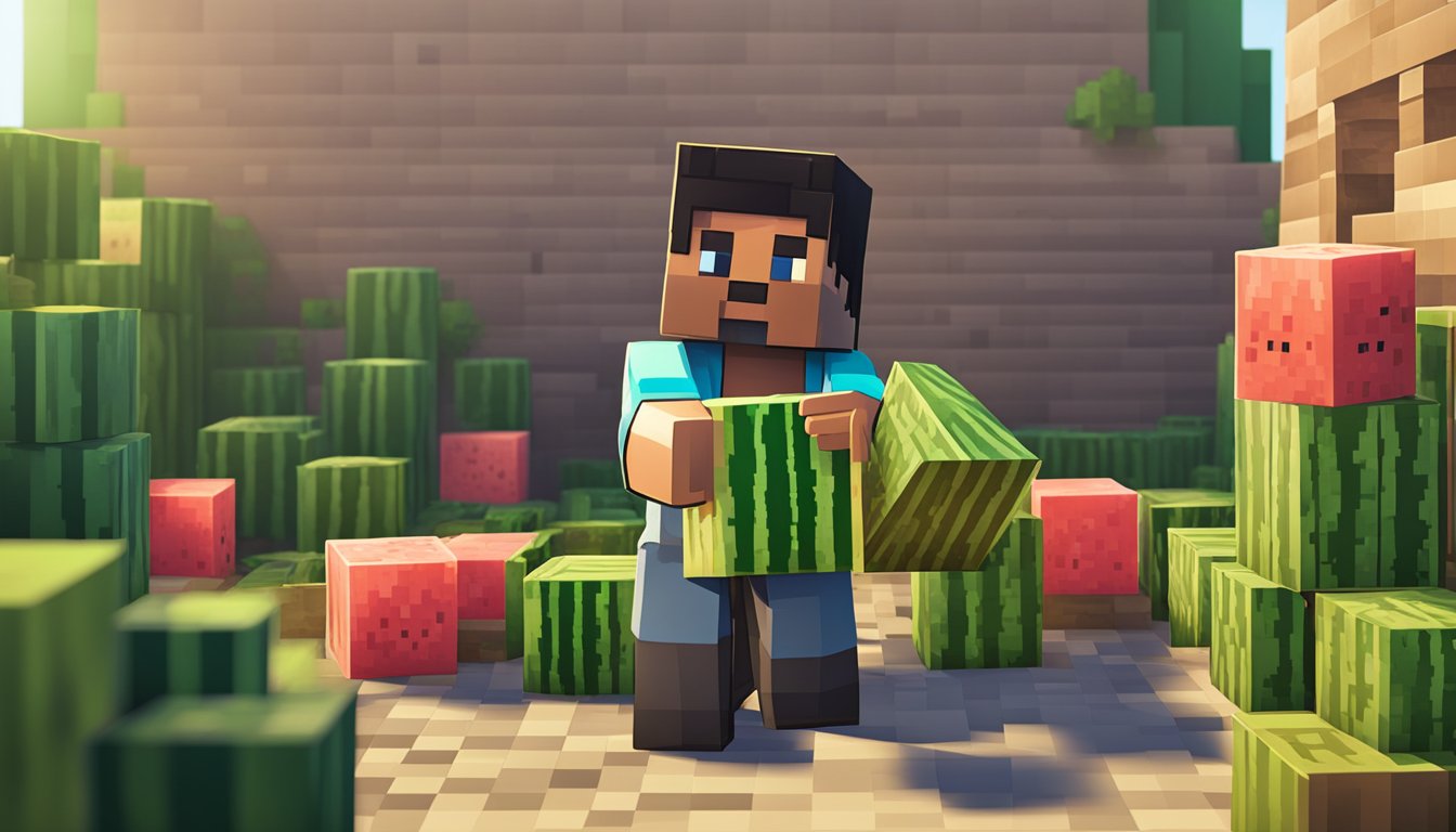 A player trades with NPCs for watermelon seeds in Minecraft