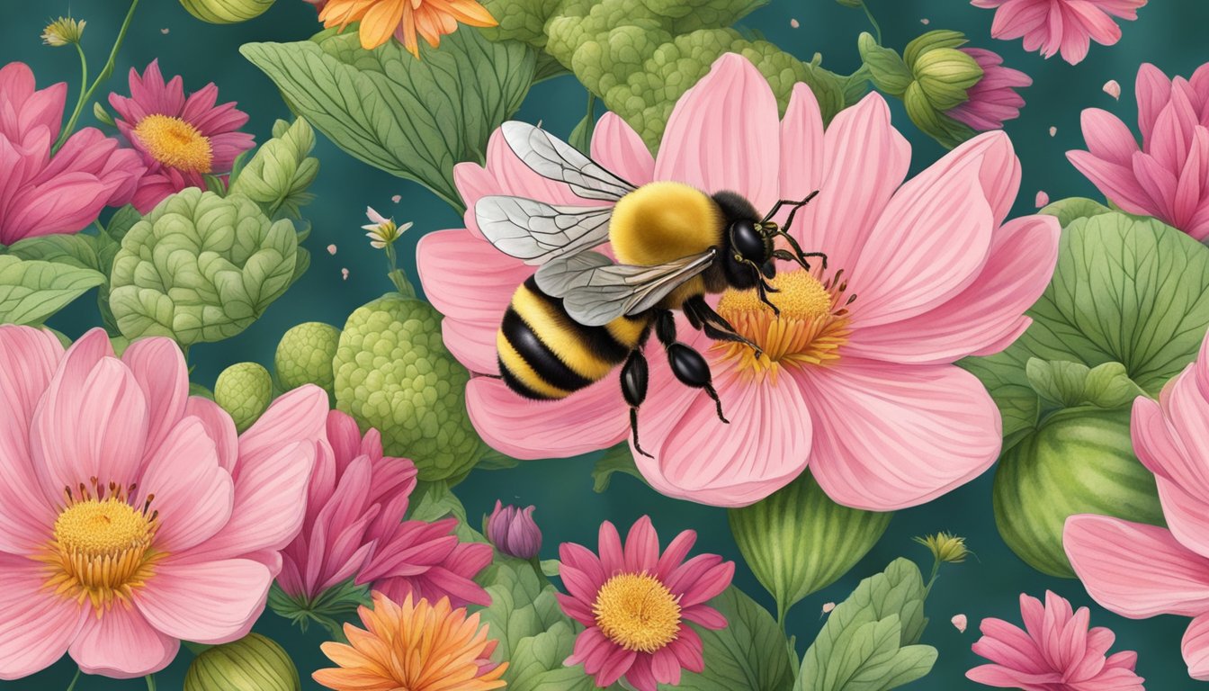 A buzzing bee lands on a vibrant watermelon flower, transferring pollen and ensuring fruit set in a small garden space