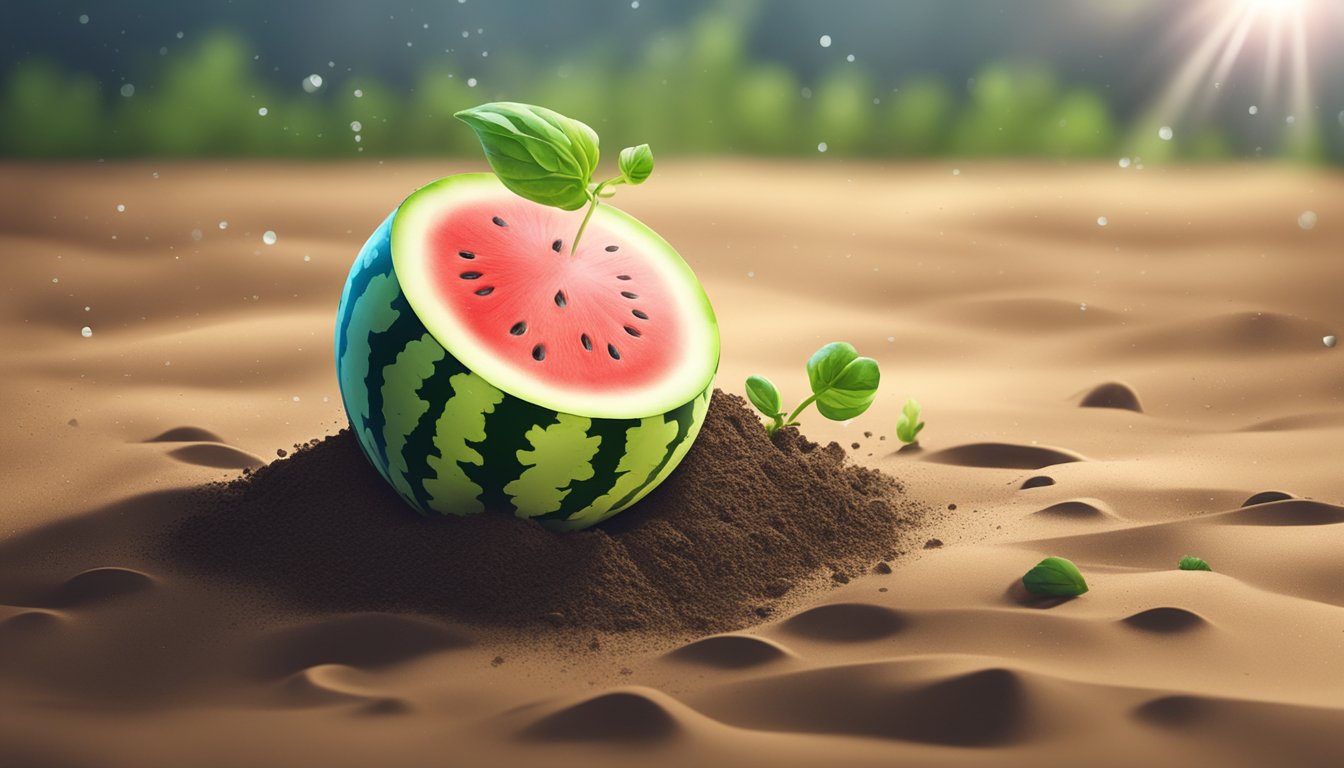 A watermelon seedling sprouting from rich soil, surrounded by sunlight and water droplets