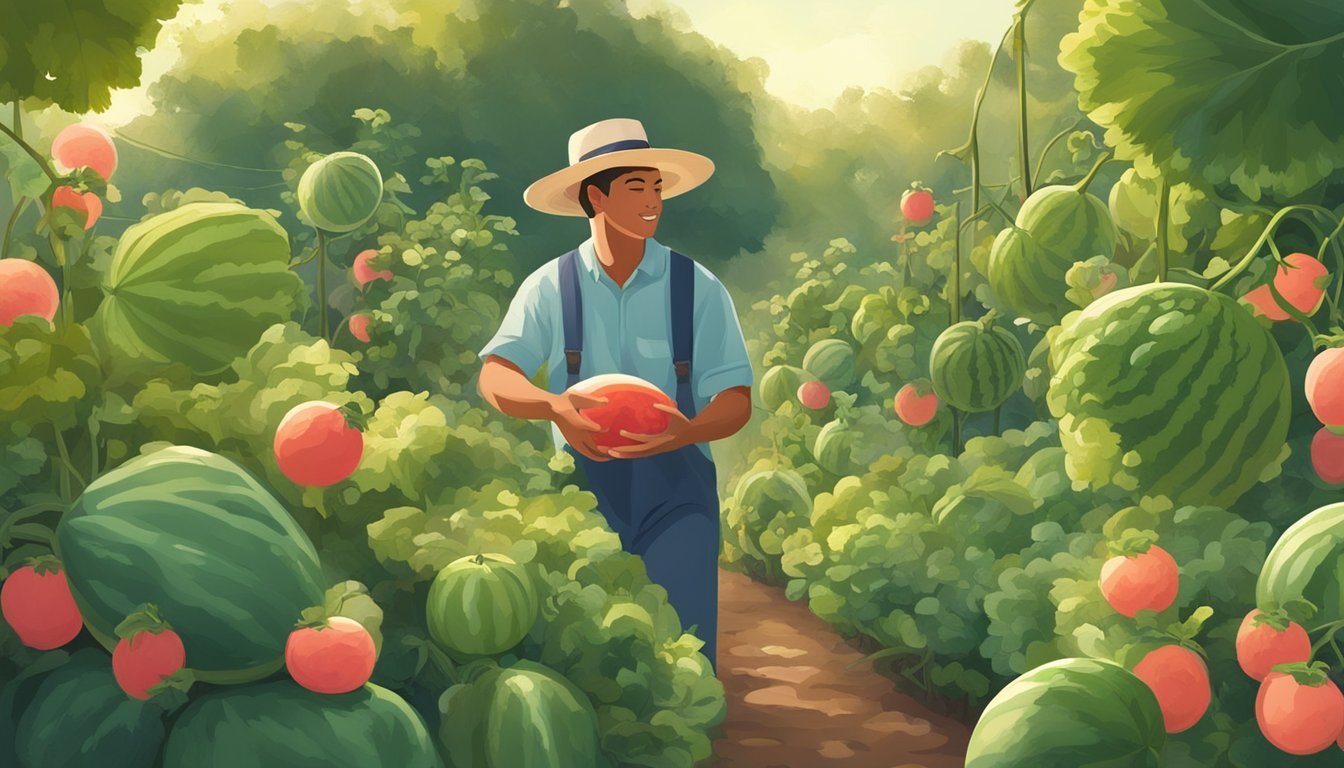 A lush watermelon garden with vines, flowers, and ripening fruit. Bees buzzing, sunlight filtering through leaves, and a gardener tending to the plants