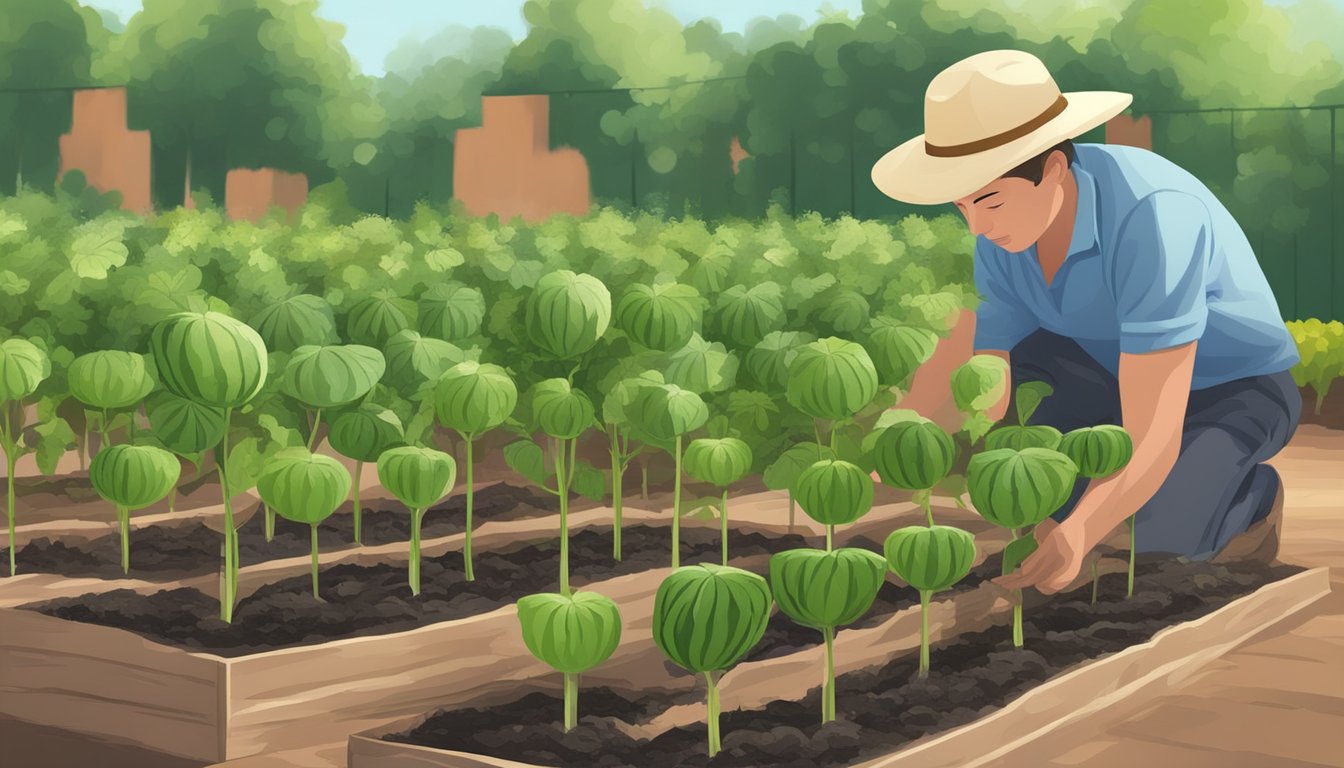 A watermelon plant being carefully planted in a garden, with proper spacing between each plant for optimal growth and care