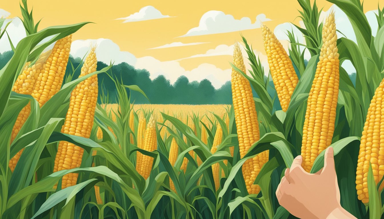 A hand reaching for a perfectly ripe ear of corn amidst a backdrop of lush green cornstalks