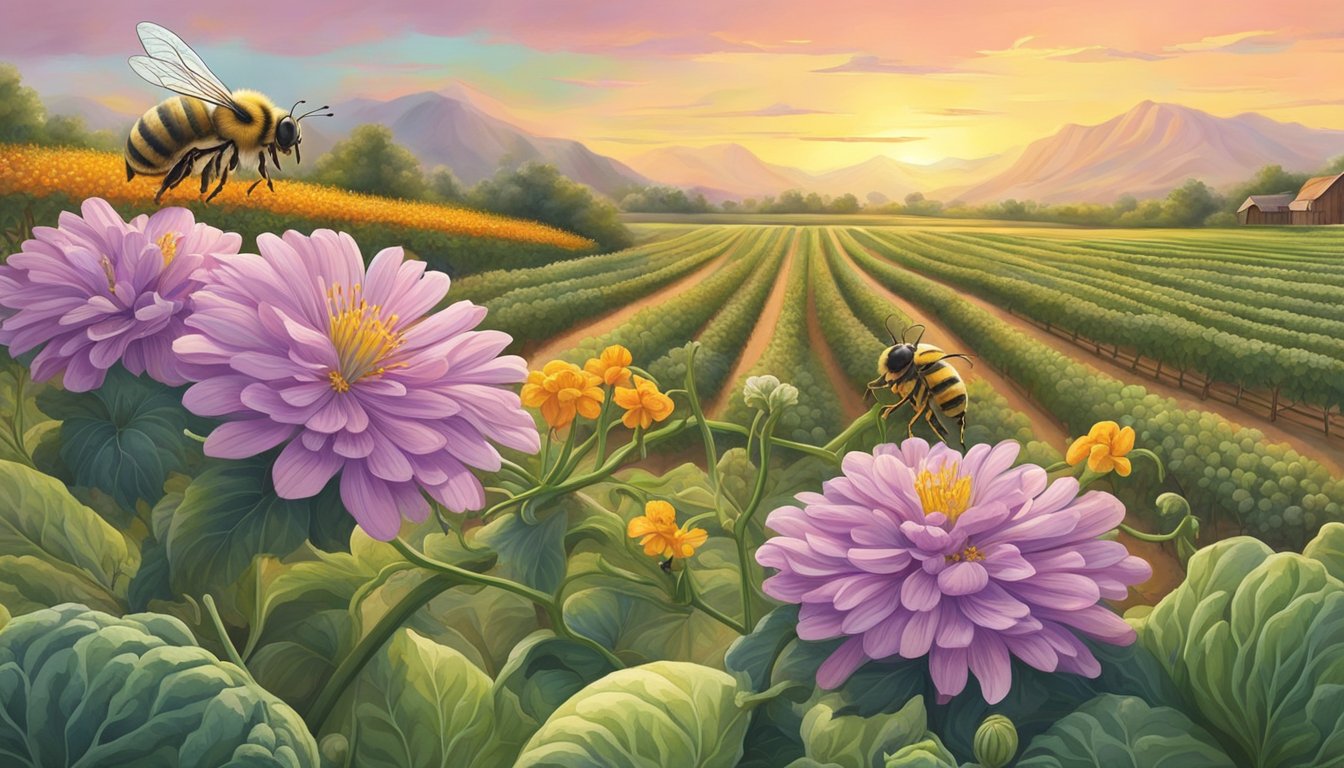 A honeybee lands on a vibrant watermelon flower, while nearby, a gardener prunes and trains the sprawling vines