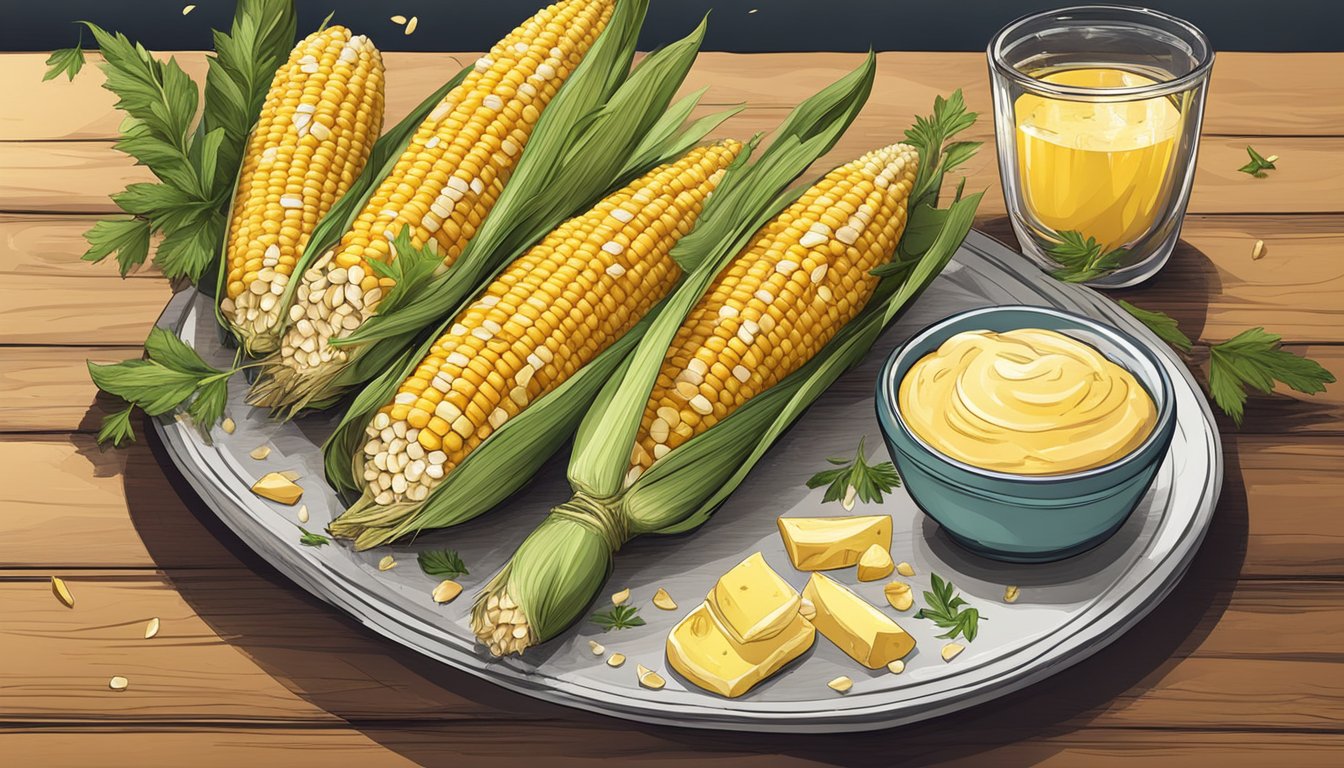 A rustic wooden table with a plate of grilled corn on the cob, garnished with butter and herbs, surrounded by scattered husks and a small bowl of salt