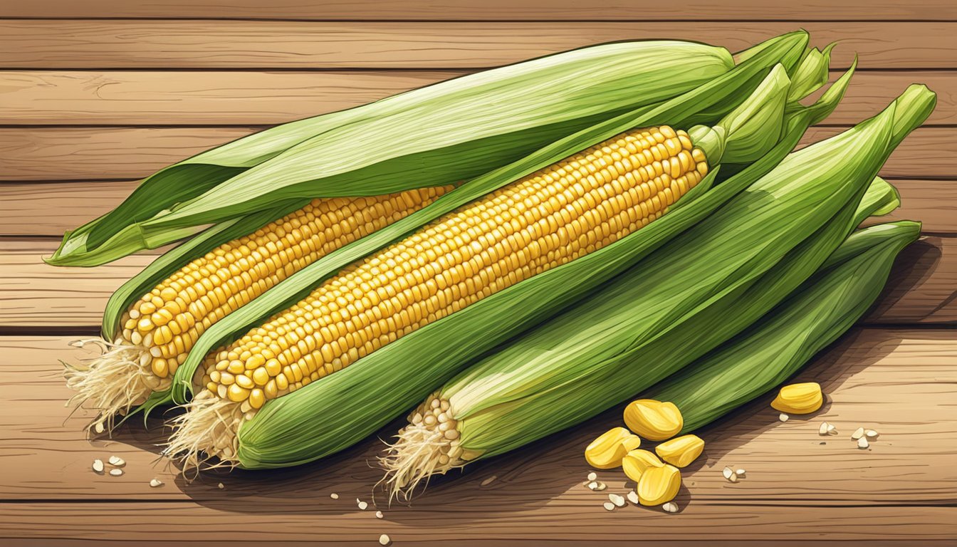 Fresh corn on the cob with husks peeled back, showing kernels and sprinkled with salt, on a rustic wooden cutting board