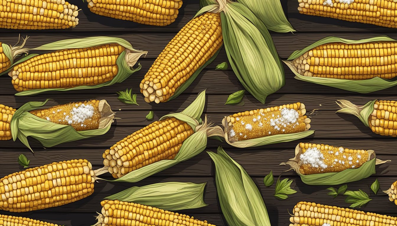 Corn on the cob grilling on a barbecue, with charred grill marks and a sprinkle of seasoning, served on a rustic wooden platter