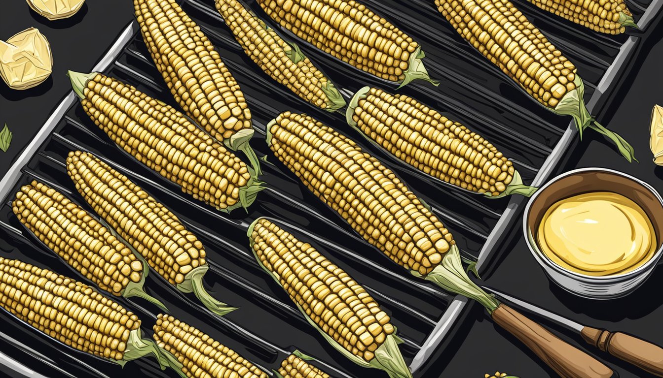 Fresh corn cobs arranged on a grill, with a brush and bowl of seasoned butter nearby. The grill is hot and ready for cooking