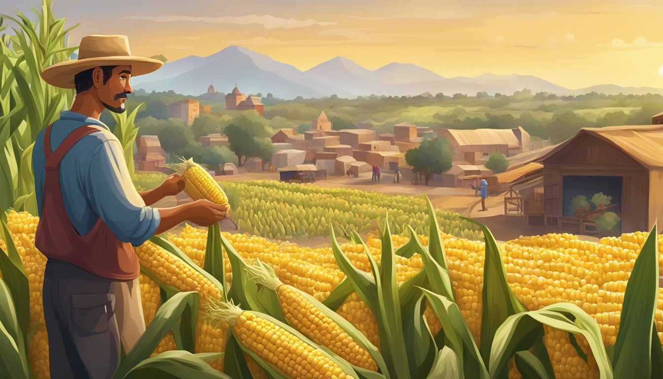 A farmer harvesting fresh corn from a field, with a traditional Mexican market in the background