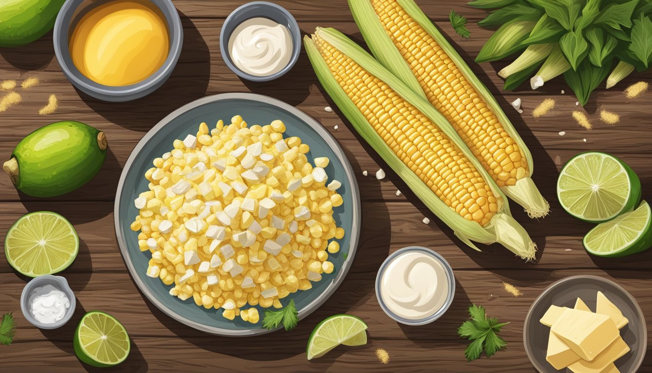 Fresh corn on the cob surrounded by ingredients for elote, including mayonnaise, cheese, chili powder, and lime wedges, on a rustic wooden table