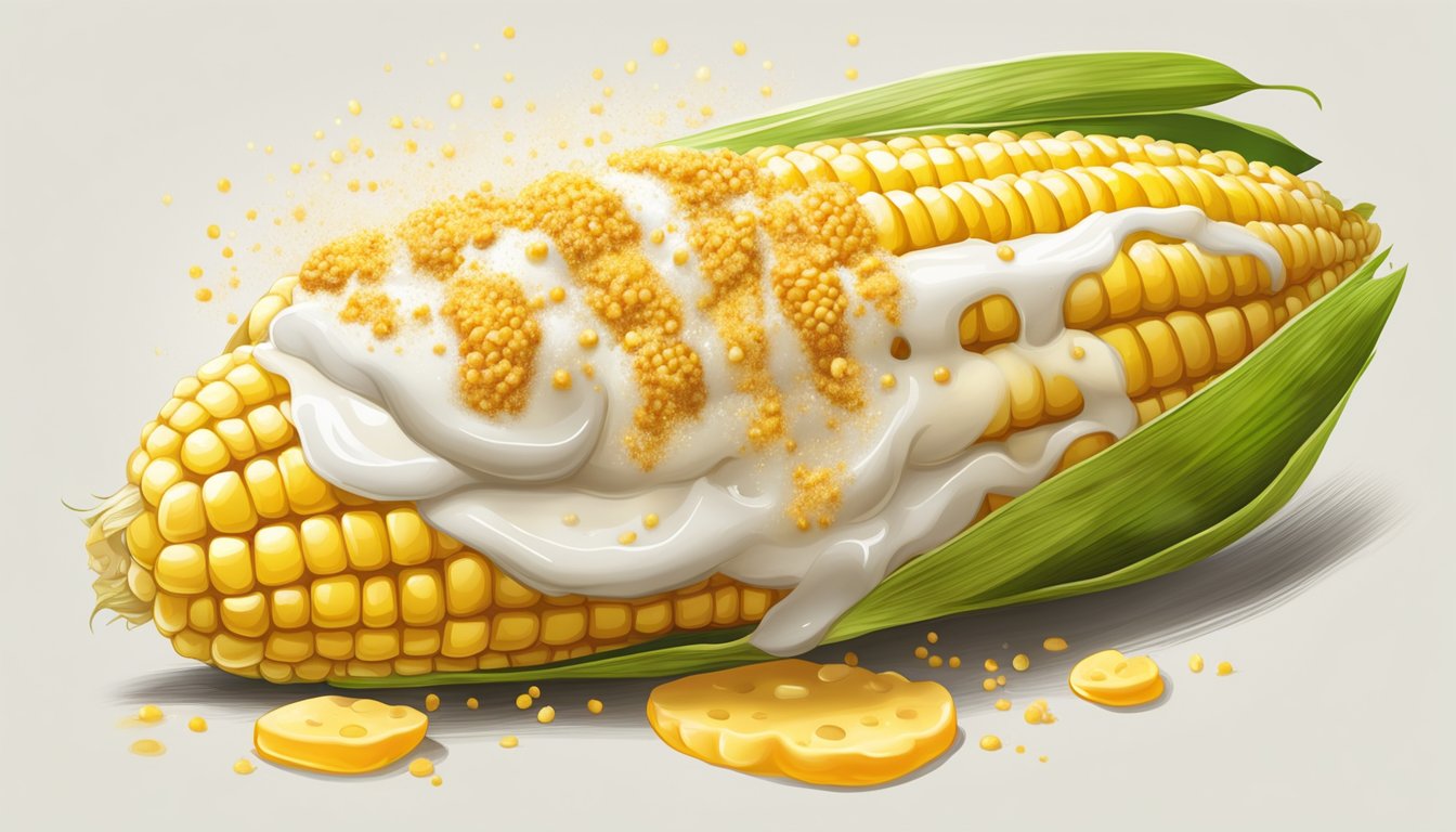 A steaming ear of corn on the cob, slathered in mayonnaise, sprinkled with cheese, and drizzled with chili powder