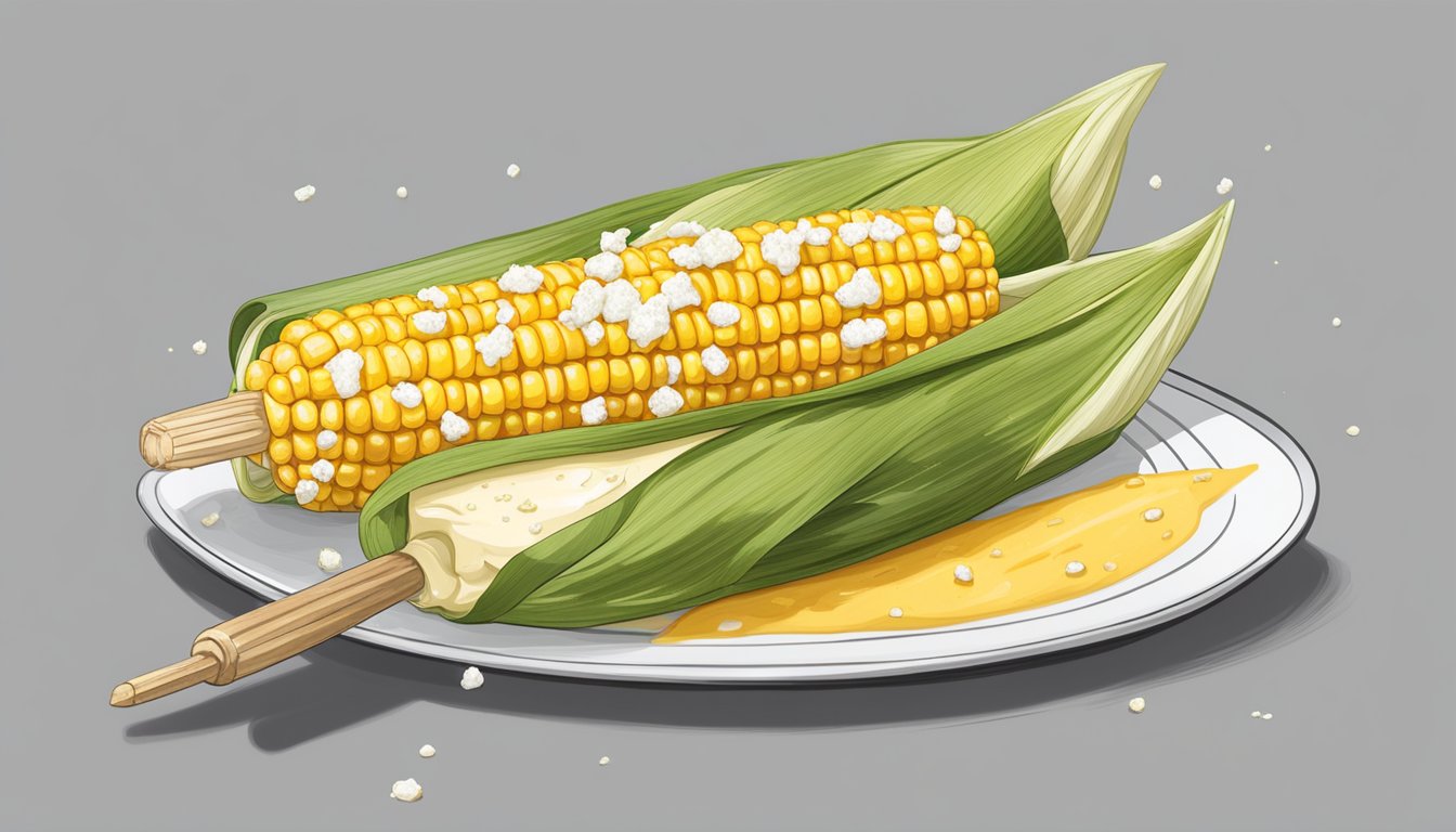 Freshly grilled corn on the cob, slathered in mayo, cotija cheese, and chili powder, served on a stick