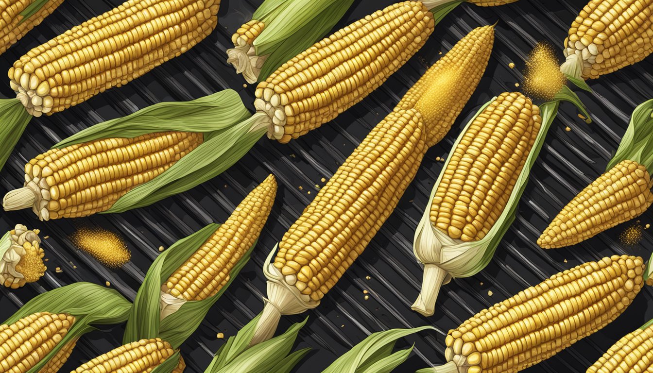 Fresh corn on the cob grilling on a smoky barbecue, with charred grill marks and a sprinkle of seasoning