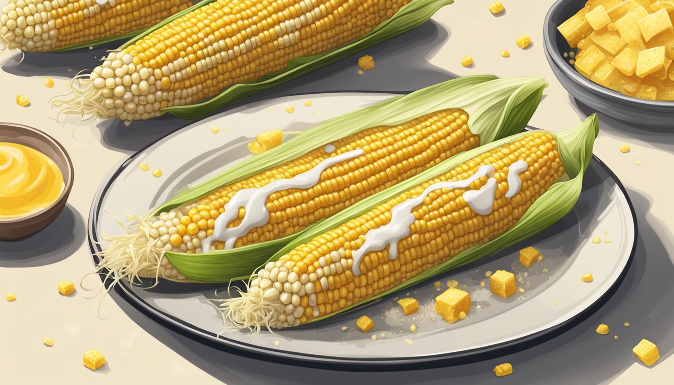 Freshly cooked corn on the cob on a plate with melted butter, sprinkled with cheese, and drizzled with mayonnaise and chili powder