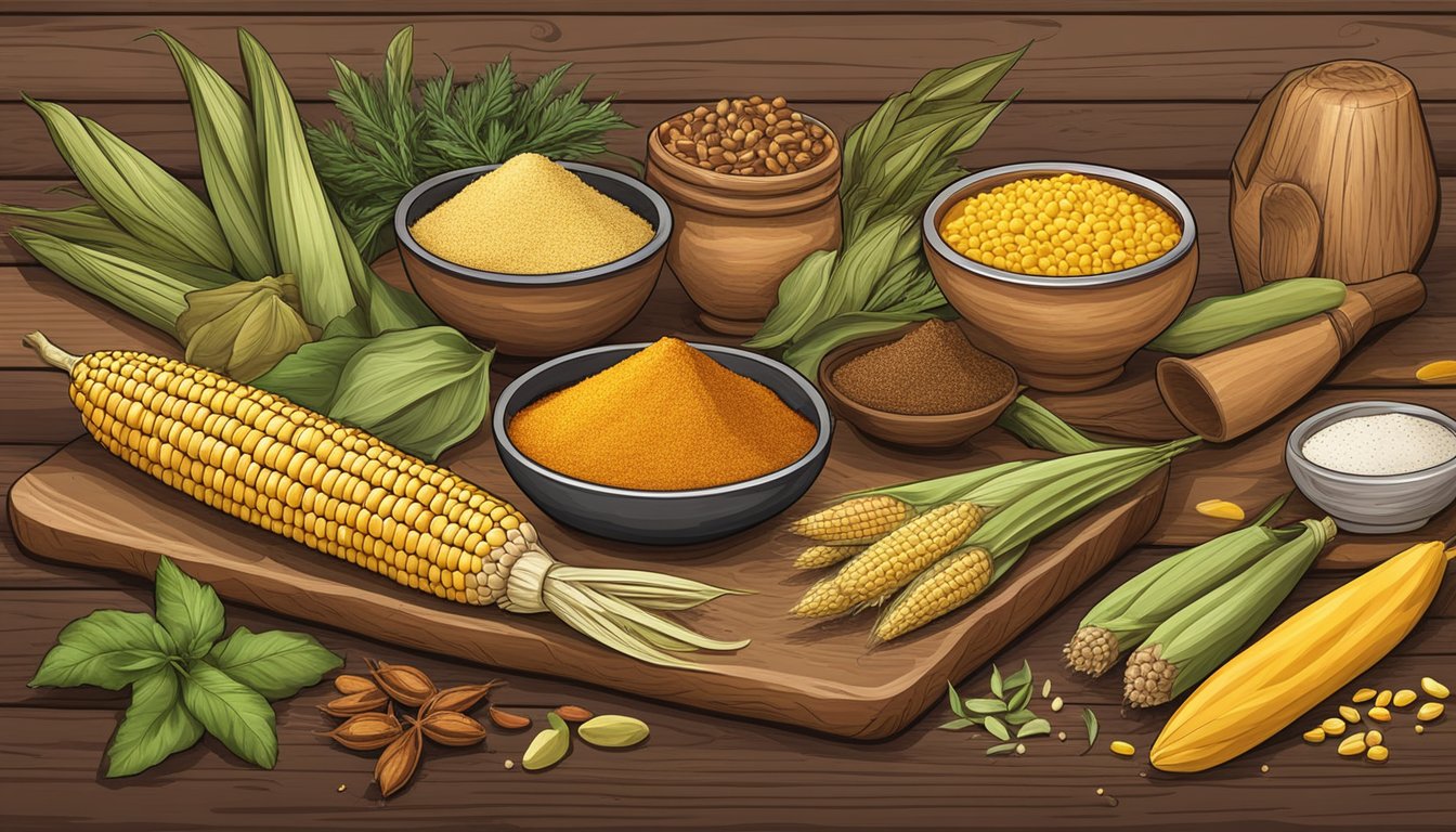 A rustic wooden table displays a variety of colorful spices and herbs next to freshly harvested ears of corn on the cob