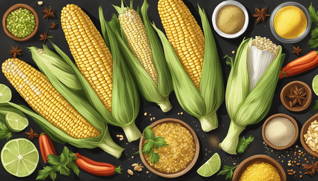 Fresh corn on the cob surrounded by various seasonings and spices, ready to be prepared for a delicious meal