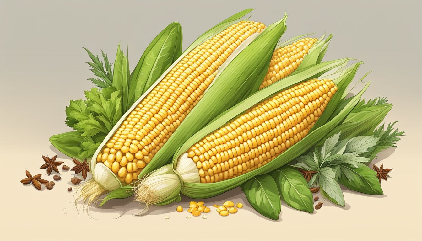 A cob of corn surrounded by a variety of herbs and spices, ready to be seasoned with Seasoning Blends corn on the cob seasoning