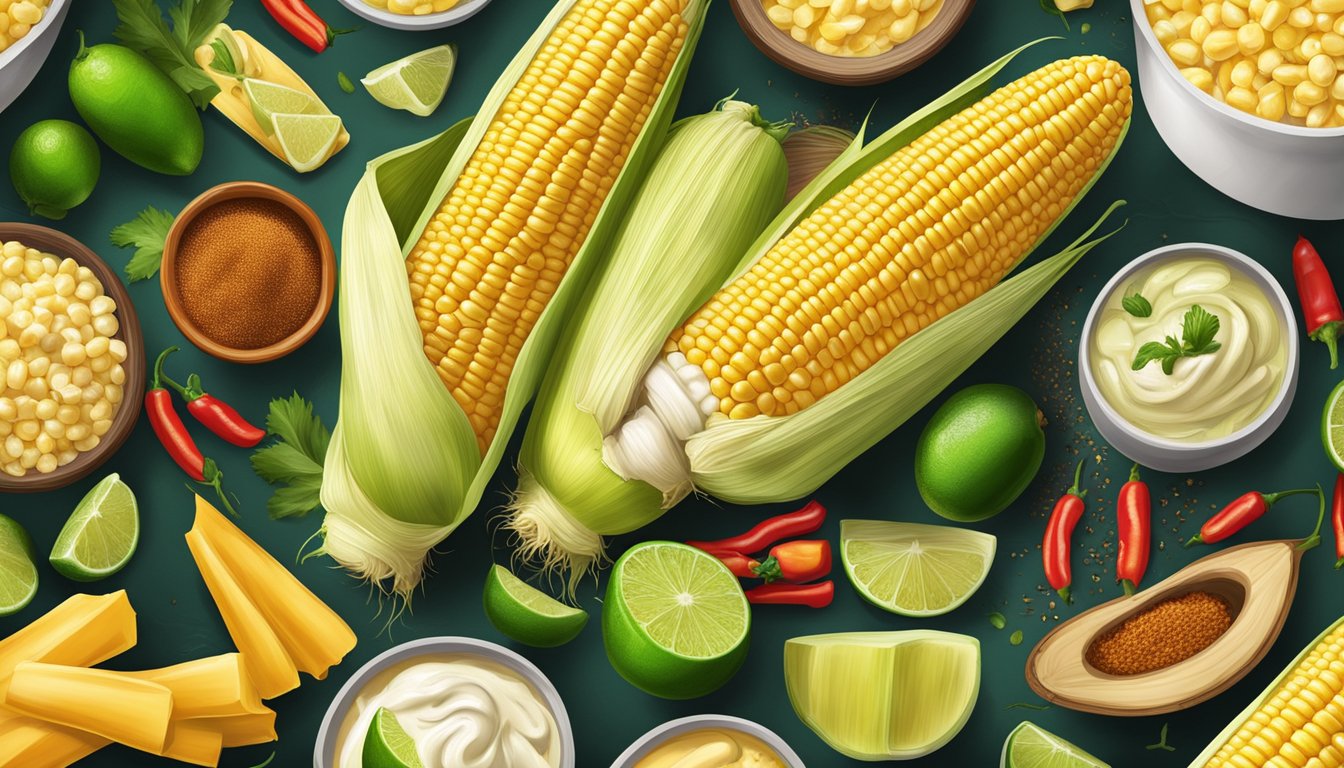 A colorful display of fresh corn on the cob, surrounded by traditional Mexican ingredients like mayonnaise, cheese, chili powder, and lime