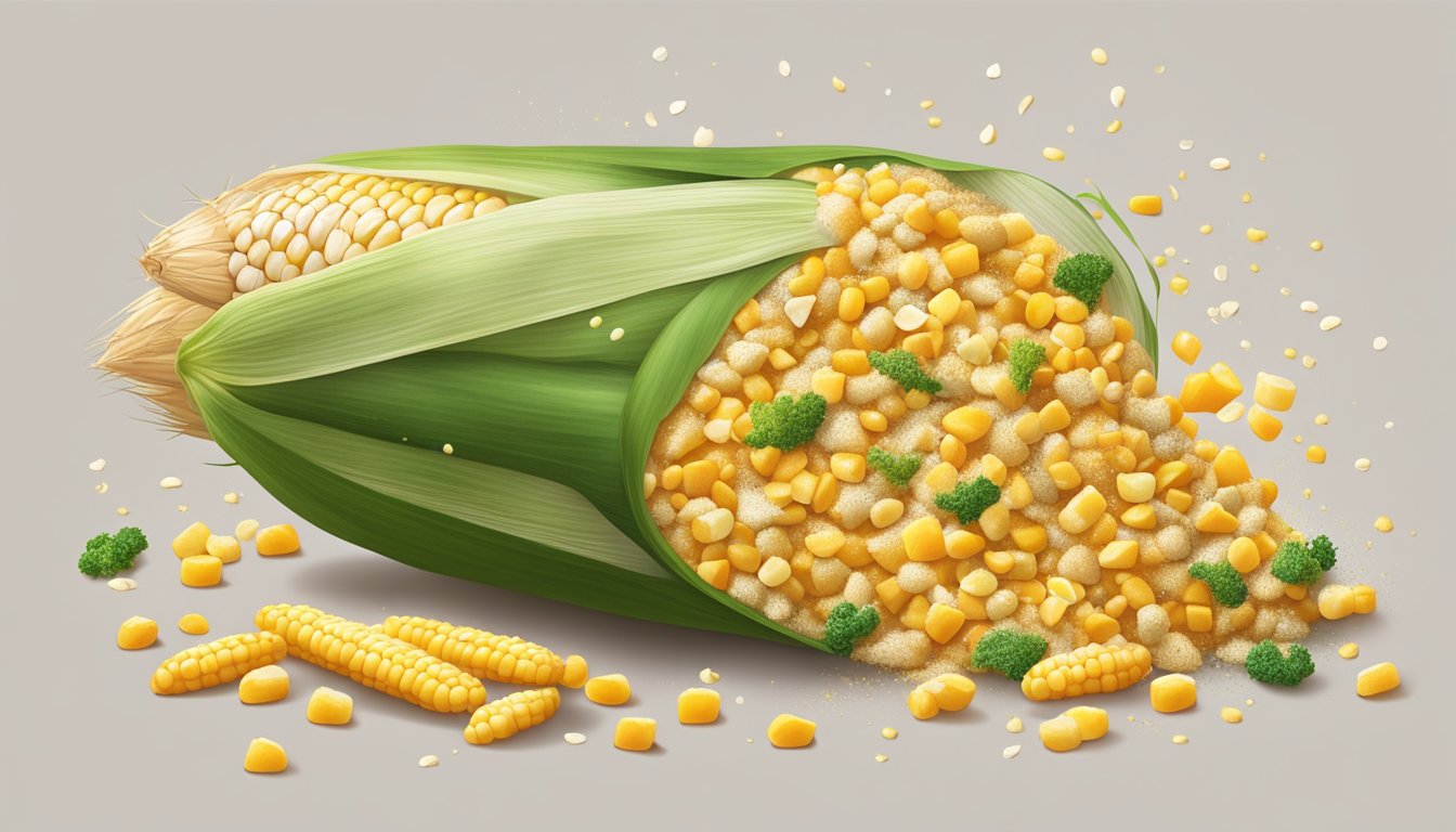 A cob of corn being generously sprinkled with a variety of seasonings and toppings, creating a colorful and flavorful display