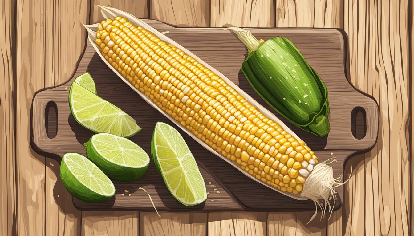 Fresh corn on the cob, chili powder, lime wedges, and crumbled cotija cheese arranged on a rustic wooden table