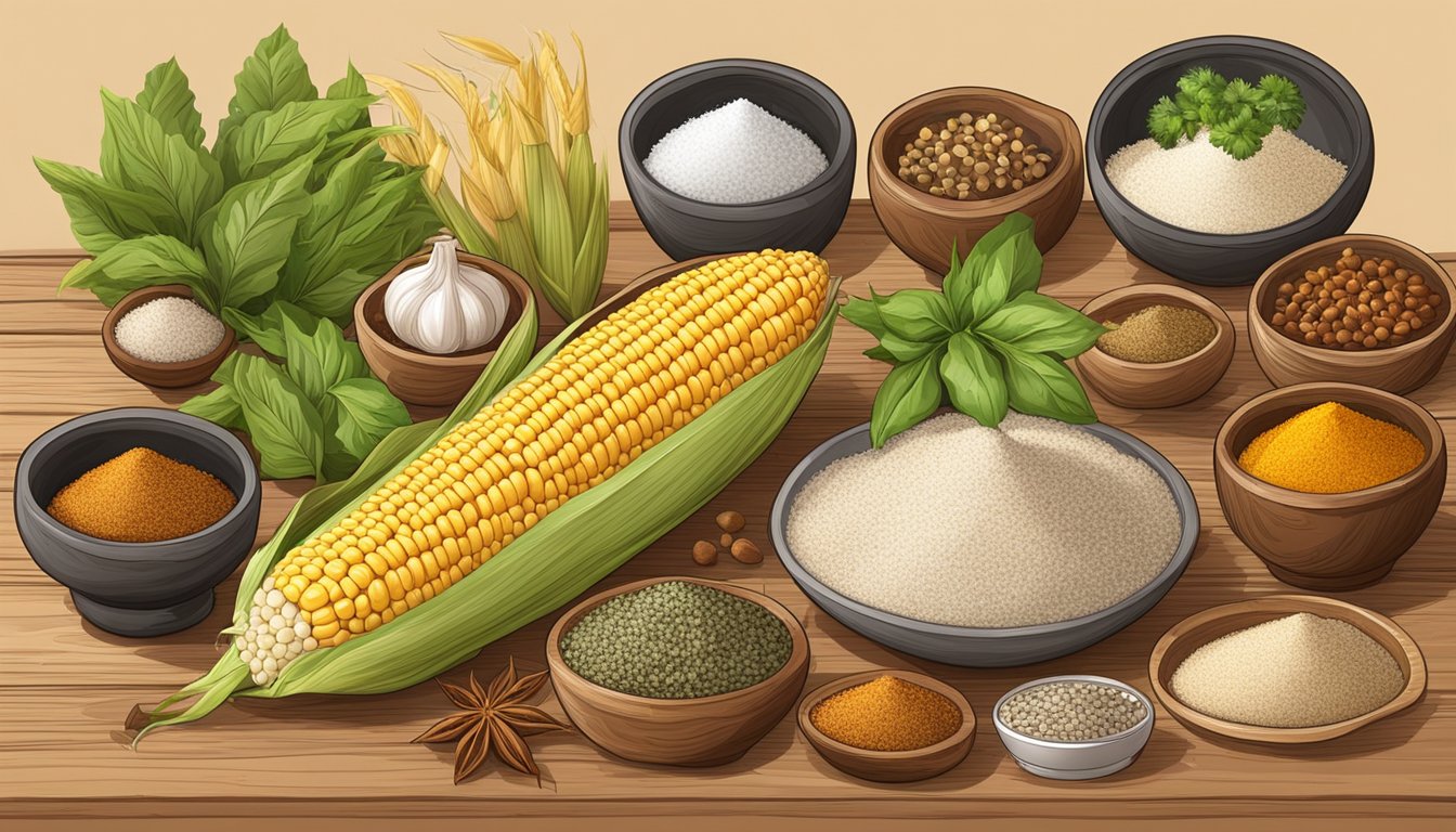 A cob of corn surrounded by various spices and seasonings, including salt, pepper, garlic, and herbs, on a wooden table