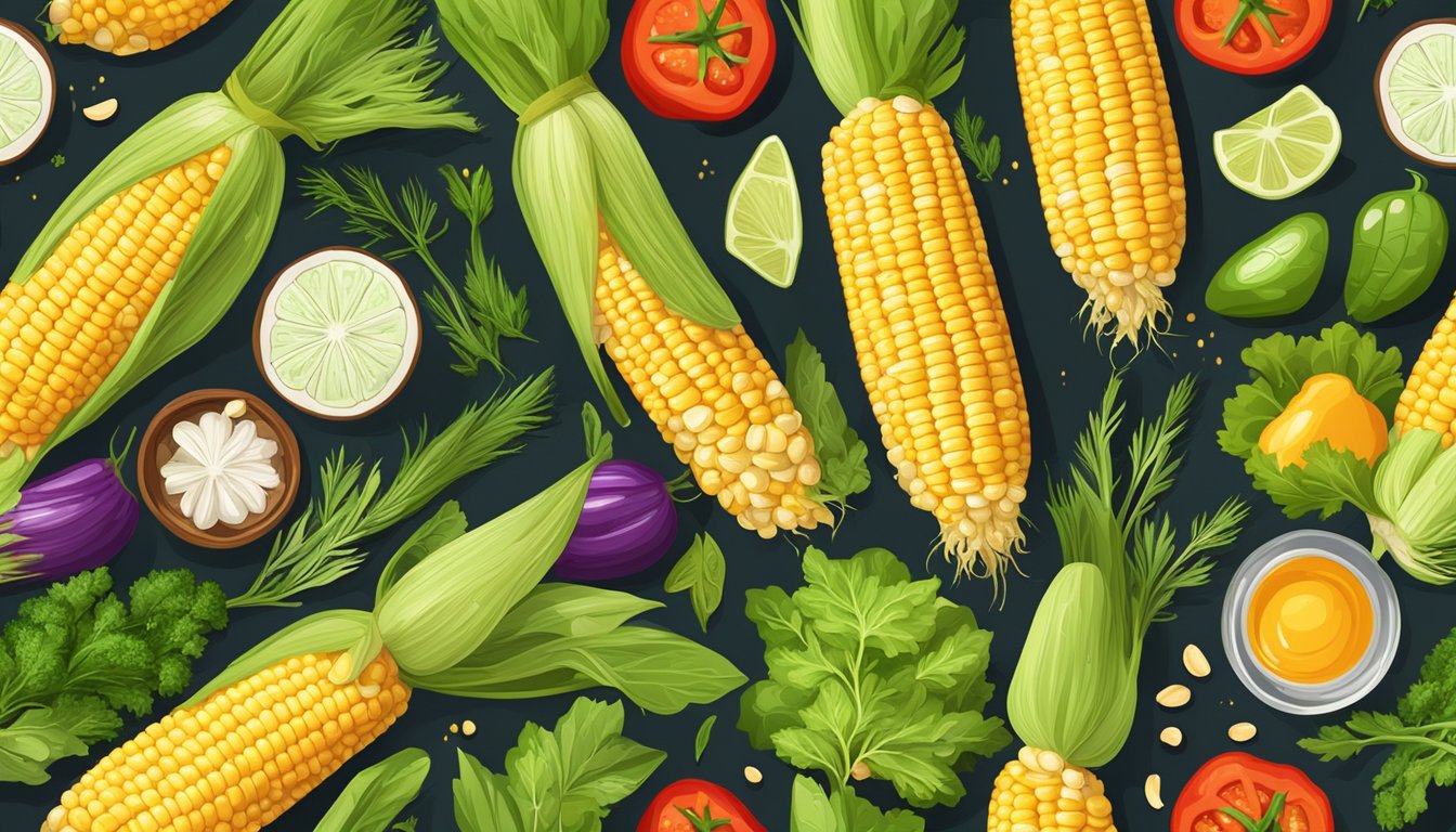 A fresh ear of corn with seasoning sprinkled on top, surrounded by vibrant vegetables and herbs