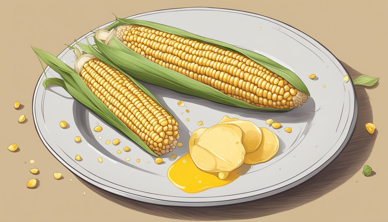 A cob of corn on a plate, sprinkled with seasoning, with a small dish of melted butter on the side