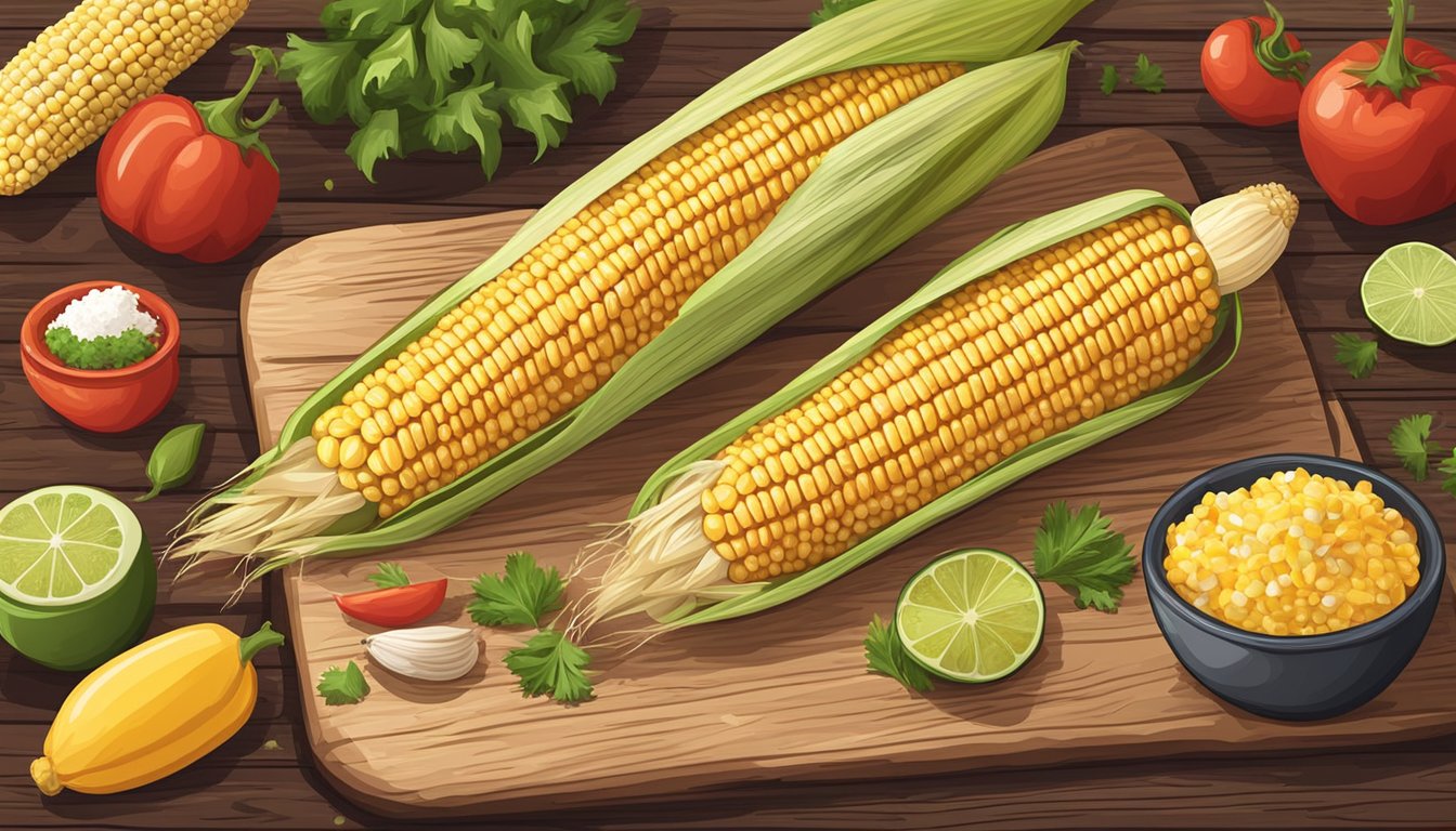 A colorful Mexican corn on the cob recipe with fresh ingredients and traditional seasonings being prepared on a rustic wooden table