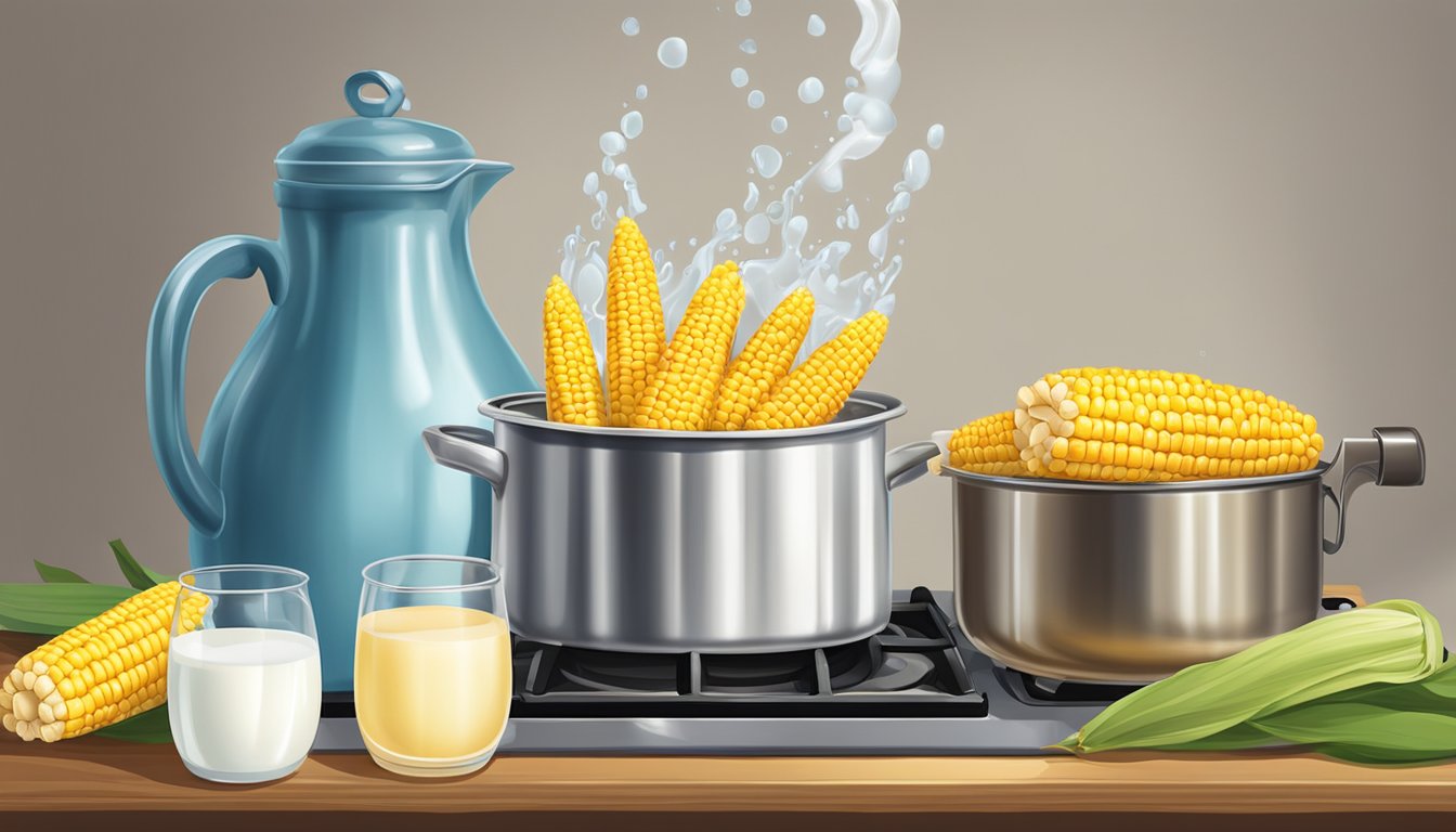 A pot of water with corn cobs and a jug of milk on a stove