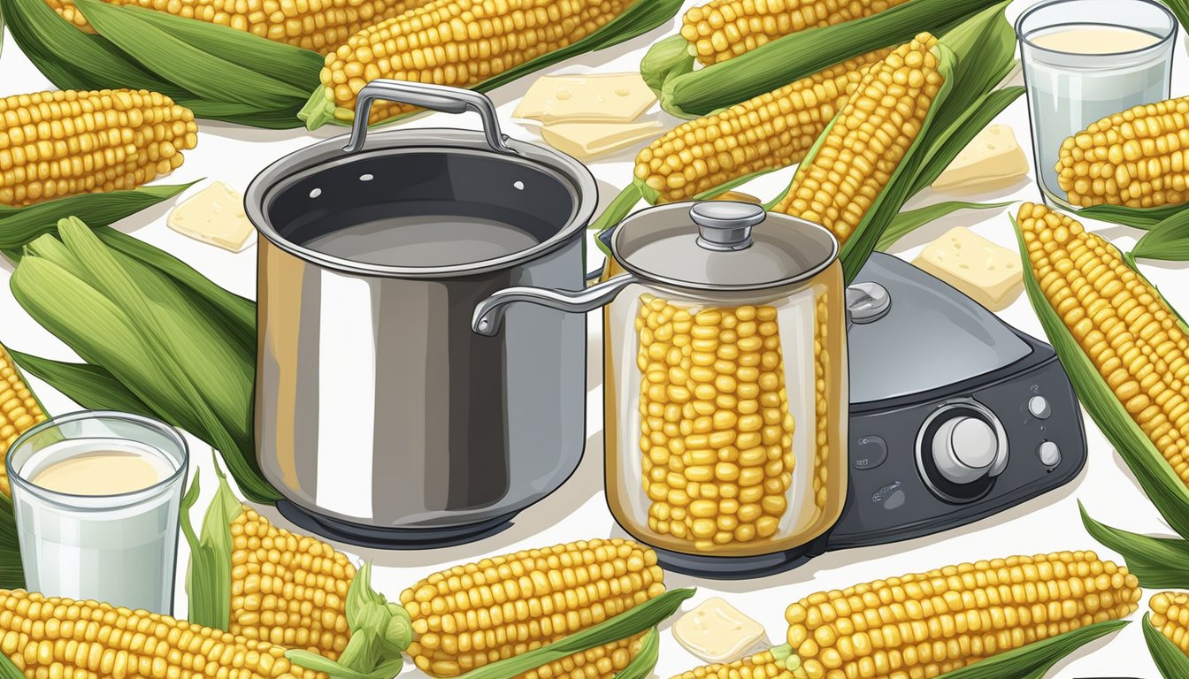 Corn on the cob and a pot of milk on a stove