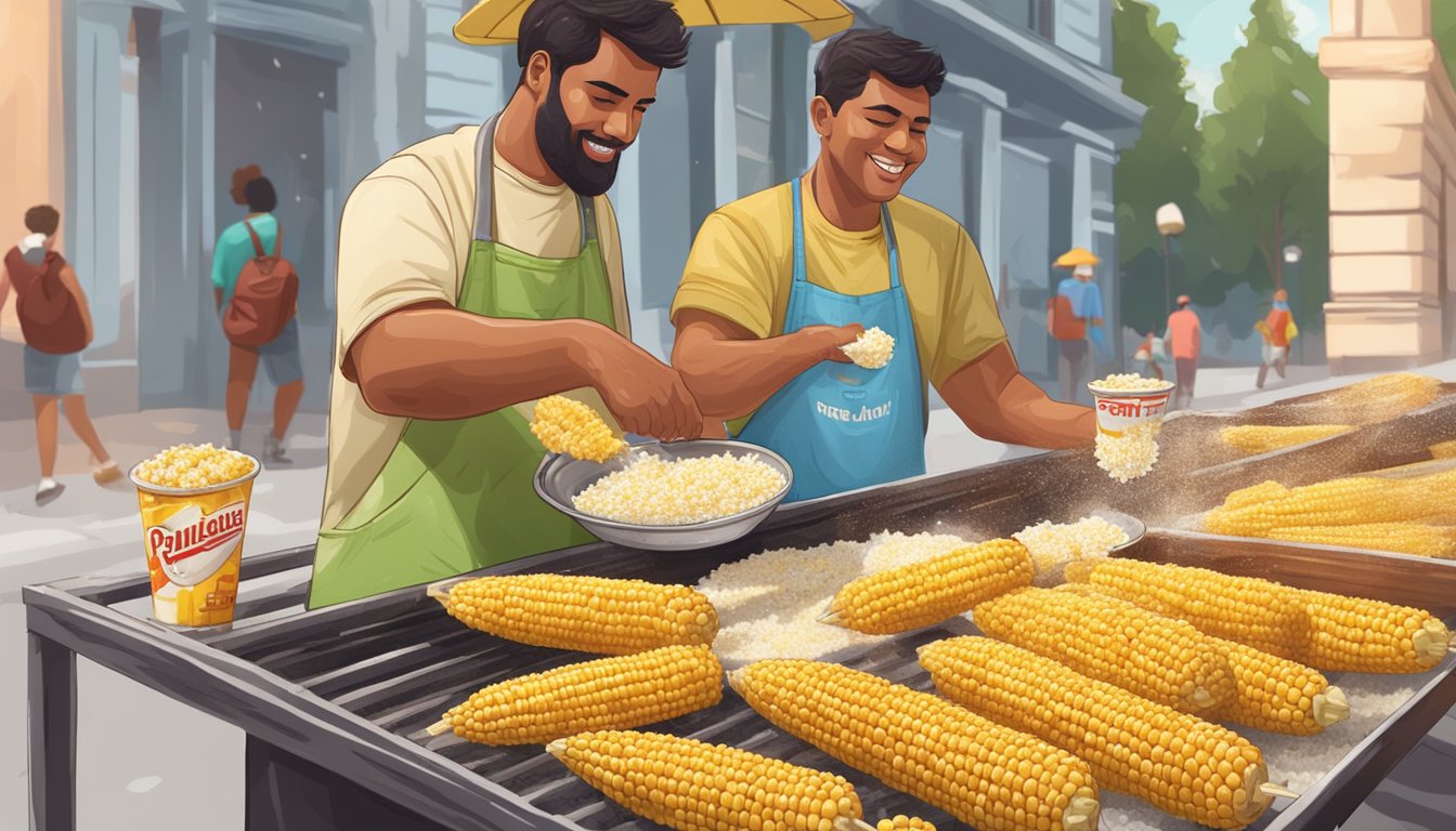 A street vendor grills corn on the cob, smears it with mayonnaise, rolls it in crumbled cheese, and sprinkles it with chili powder