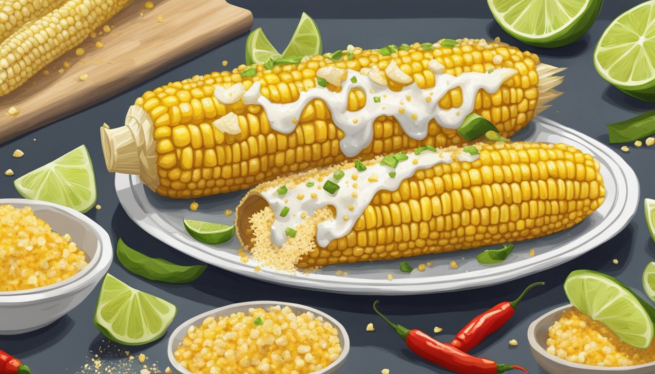 Freshly grilled corn on the cob, slathered with mayonnaise, sprinkled with chili powder, and topped with crumbled cheese and a squeeze of lime