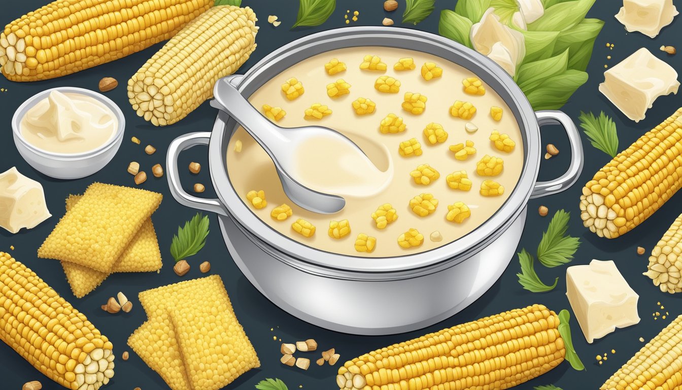 A pot of boiling milk with corn on the cob, surrounded by various seasonings and flavor enhancements