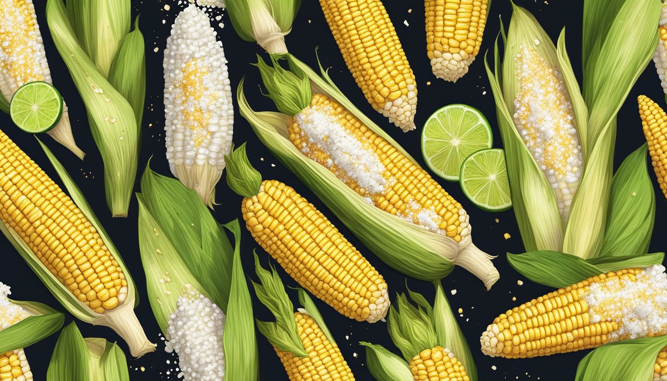 Fresh corn on the cob with charred grill marks, brushed with mayo, sprinkled with cotija cheese, and drizzled with chili powder and lime juice